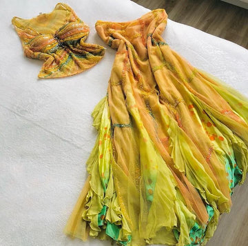 Niulatu Yellow Two-piece Long Prom Dresses Tulle Birthday Dress with Sequins HZ1026